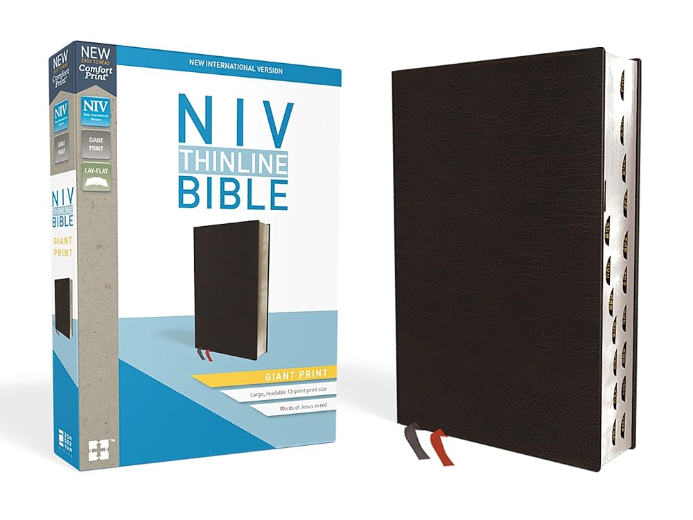 NIV, Thinline Bible, Giant Print, Bonded Leather, Black, Red Letter, Thumb Indexed, Comfort Print cover image