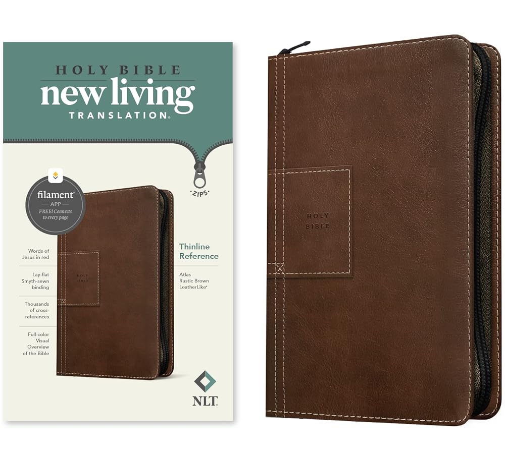 NLT Thinline Reference Zipper Bible, Filament Enabled (LeatherLike, Atlas Rustic Brown, Red Letter) cover image
