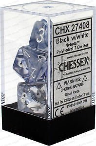 D7 - Die Set Dice Nebula Polyhedral Black/White (7 Dice in Display) - 601982024574 - Dice - Chessex - The Little Lost Bookshop