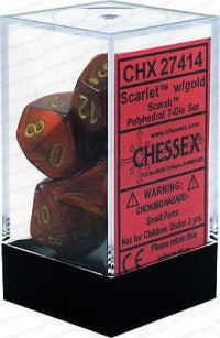 D7 - Die Set Dice Scarab Polyhedral Scarlet/Gold (7 Dice in Display) - 601982024598 - Dice - Chessex - The Little Lost Bookshop