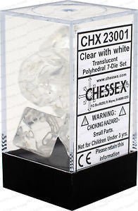 D7 - Die Set Dice Translucent Polyhedral Clear/White (7 Dice in Display) - 601982009892 - Dice - Chessex - The Little Lost Bookshop