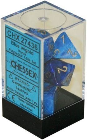 D7 - Die Set Dice Vortex Polyhedral Blue/Gold (7 Dice in Display) - 601982024765 - Dice - Chessex - The Little Lost Bookshop